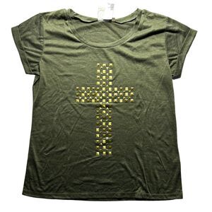 Woman's VTG Studded Cross T-Shirt Green Wet Seal Size XL Blend Fabric Jesus Tee